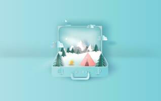 illustratie van reizen vakantie tent camping reis winter koffer concept.grafisch voor sneeuwval winter seizoen papier besnoeiing en ambacht stijl.creatief ontwerp idee voor Kerstmis pastel achtergrond. vector. vector