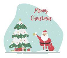 Kerstmis kaart met de kerstman claus, Kerstmis boom, decoraties en tekst. Victor illustratie in vlak stijl. vector