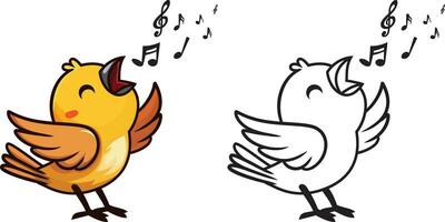 het zingen vogel tekenfilm vector illustratie, vogel het zingen uit luid, musical Notitie symbolen in lijn, gekleurde en zwart en wit lijn kunst voorraad vector beeld