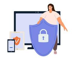 cyber veiligheid cyber veiligheid en privacy concept. vrouw Holding online bescherming schild net zo symbool van verdediging en zeker. persoon verdedigen en beschermen gegevens. vector illustratie.