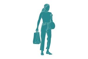 vectorillustratie van casual vrouw vrouw winkelen, vlakke stijl met outline vector