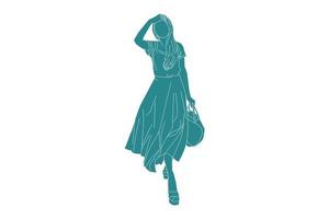 vectorillustratie van een vrouw die de jurk draagt en er meisjesachtig uitziet, vlakke stijl met omtrek vector