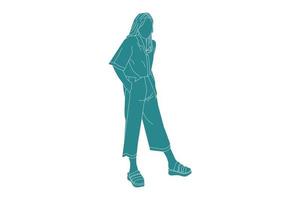 vectorillustratie van casual vrouw poseren, vlakke stijl met outline vector