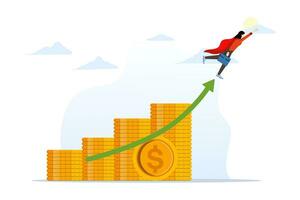 geld groei investering concept toenemend winsten of verbinding interesse, financieel planning of toenemend inkomen of verdiensten, rijkdom accumulatie, geslaagd vrouw super held geld munt stapel. vector