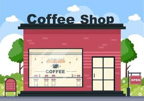 coffeeshopillustratie met open bord, boom en buitenkant van de winkel. plat ontwerpconcept vector