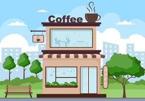 coffeeshopillustratie met open bord, boom en buitenkant van de winkel. plat ontwerpconcept vector