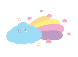 schattig kawaii wolk met regenboog staart en harten tekenfilm grafisch element vector