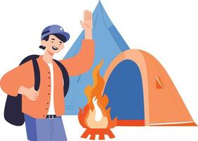 hand- getrokken toeristen camping in de Woud in vlak stijl vector