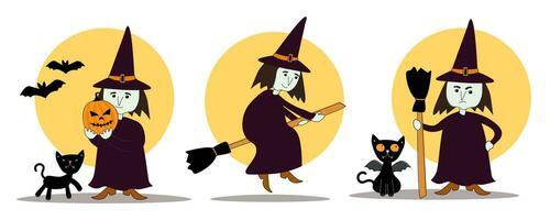 een reeks van afbeeldingen met een schattig heks Aan een bezem, met een pompoen in haar handen, met een zwart kat en vleermuizen. vector grafiek van halloween tekenfilm.