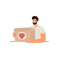 vrijwilliger Mens Holding een doos met een hart. concept van helpen, sociaal zorg, vrijwilligerswerk, ondersteuning voor arm mensen. tekenfilm vlak vector illustratie.