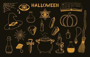 halloween ontwerp elementen set. magisch hand- getrokken symbolen. heks ketel, hoed, bezem, kaarsen en andere voorwerpen voor halloween. schetsen stijl. vector illustratie