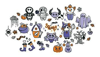 kinderen halloween karakters. grappig geest, heks, spin, clown, skelet, mama. halloween set. vector. vector