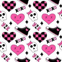 naadloos patroon met emo elementen. y2k stijl. harten in schaakbord, xoxo, sportschoenen, schedels. zwart en roze. vector vlak illustratie.
