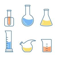 ronde en platbodem kolven, test buizen met oplossingen en reagentia. chemisch reactie. illustratie Aan de onderwerp van chemie, biotechnologie, biologie. vector