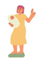 vrouw hou op gebaar semi vlak kleur vector karakter. Aziatisch moeder Holding baby. bewerkbare vol lichaam persoon Aan wit. gemakkelijk tekenfilm plek illustratie voor web grafisch ontwerp