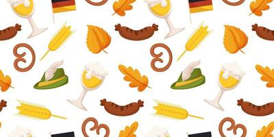 naadloos patroon met Duitse bier festival voorwerpen zo een glas van bier, gegrild worst, tarwe en krakeling, Tirools hoed vector