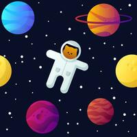 naadloos ruimte patroon met planeten, een astronaut kat en sterren in een donker lucht. vector helling illustratie.