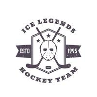 hockeyteam vintage embleem, print met masker en gekruiste stokken vector