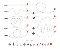 set iconen van reizen manier per vliegtuig. opstijgen en landen van een passagiersvliegtuig. vluchtroute infographic elementen. vlucht per vliegtuig, luchtvaart toerisme vector geïsoleerde illustraties collectie.