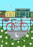 oude stadsdijk op wateraffiche. groen struikgewas, fiets door hek en vliegende meeuwen over rivier. Europese stadsarchitectuur en straatachtergrond. vector kleurrijke kaart of bannerillustratie