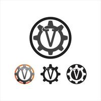 v brief logo sjabloon vector en versnelling set pictogram machine set rotary