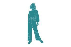 vectorillustratie van modieuze vrouw met trui, vlakke stijl met omtrek vector