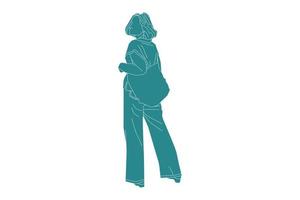 vectorillustratie van casual vrouw van achteren gezien met haar tas, vlakke stijl met outline vector