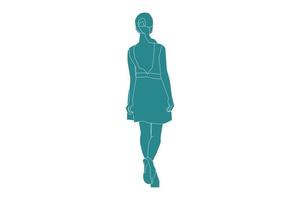 vectorillustratie van elegante vrouw die jurk draagt, ziet er van achteren uit, vlakke stijl met omtrek vector