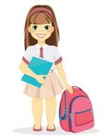 schoolmeisje met rugzak en leerboek. vector
