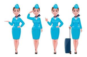 stewardess in blauw uniform, set van vier poses vector