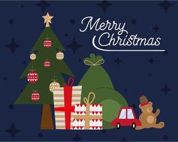 happy merry christmas dennenboom met cadeaus en speelgoed vector