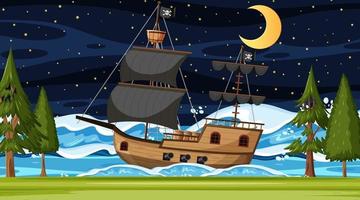 oceaan met piratenschip bij nachtscène in cartoonstijl vector