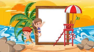 lege bannermalplaatje met kinderen op vakantie bij de scène van de strandzonsondergang vector