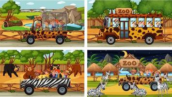 set van verschillende dieren in safariscènes met kinderen vector