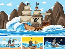 set van oceaan met piratenschip op verschillende tijdstippen scènes in cartoon-stijl vector