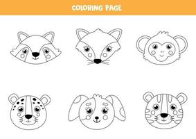 kleur schattige dierengezichten. kleurplaat voor kinderen. vector