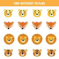 zoek in elke rij een andere afbeelding. schattige cartoon dierengezichten. vector