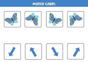 match kaarten met ruimtelijke oriëntatie en blauwe vlinder. vector