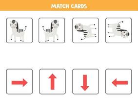 match oriëntatiekaarten en zebra's. kaartspel voor kinderen. vector