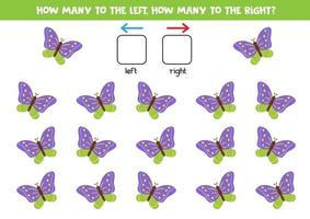 ruimtelijke oriëntatie voor kinderen. hoeveel vlinders vliegen naar rechts en hoeveel naar links. vector