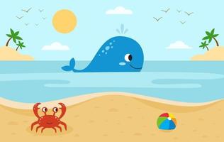 grote walvis in de zee. rode krab op het strand. zee landschap. vector