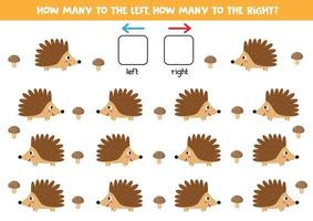 ruimtelijke oriëntatie voor kinderen. links of rechts. schattige cartoon egels. vector