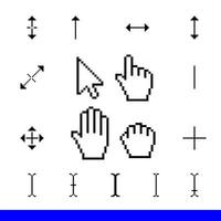 17 klassieke pixel corsor pictogramserie. pijl, hand, sleep hand, palm en ondersteuning cursors iconen vector illustratie