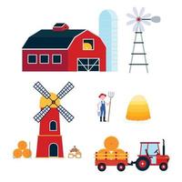 landbouw oogst apparatuur landbouw set. rode schuur, silo, windmolen, molen, trekker met oplegger, hooibaal, zakken meel vlakke stijl vectorillustratie geïsoleerd op een witte achtergrond. vector