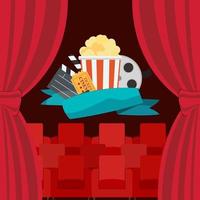 abstracte bioscoop platte achtergrond met haspel, oude stijl ticket, grote popcorn en klepel symboolpictogrammen. vector illustratie