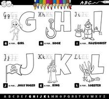 educatieve cartoon Alfabetletters ingesteld van g tot l boekenpagina in kleur vector