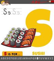 letter s werkblad met cartoon sushi-voedselobjecten vector