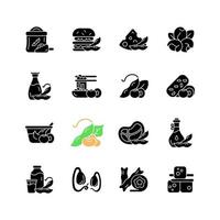 soja voedsel zwarte glyph pictogrammen ingesteld op witruimte. gezonde maaltijden bereiden. vegetarische soorten producten. plantaardige snacks. voedingsbron. silhouet symbolen. vector geïsoleerde illustratie
