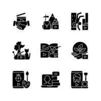 video-inhoud zwarte glyph-pictogrammen ingesteld op witruimte. zakelijke dienstverlening. amusement inhoud. educatieve bijlessen. videografie. silhouet symbolen. vector geïsoleerde illustratie