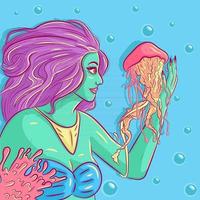zeemeermin interactie en het aanraken van een kwal. buitenaardse vrouw met groene huid die onder water zwemt. conceptuele kunst van het mariene en oceaanleven met koralen en bubbels. vis aanraken meisje met tentakel vector